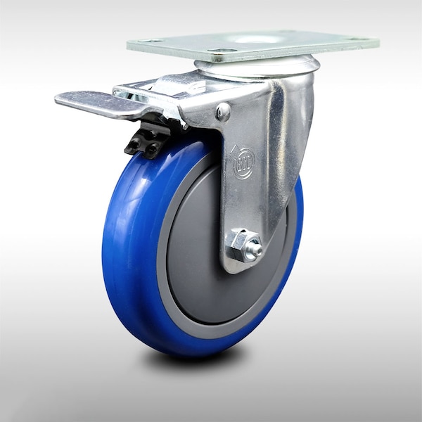 5 Inch SS Blue Polyurethane Top Plate Caster with Total Lock Brake SCC